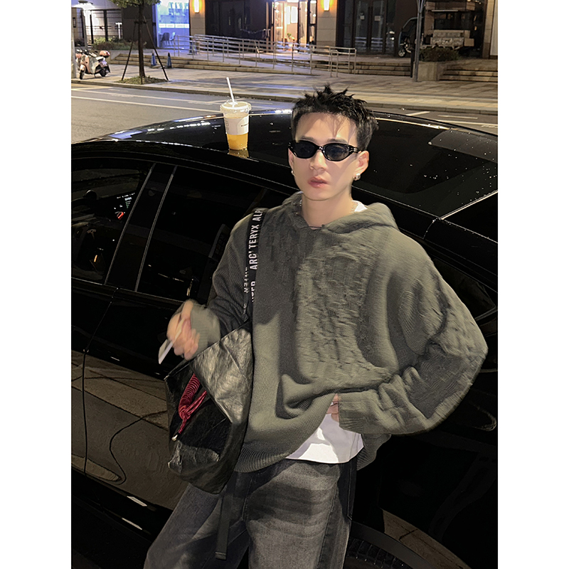 PLTH*错位编制连帽毛衣男秋美式街头设计感潮牌oversize针织上衣
