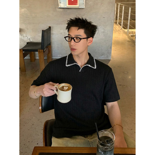 PLTH*美式复古肌理坑条Polo衫男撞色明线翻领宽松百搭短袖上衣潮