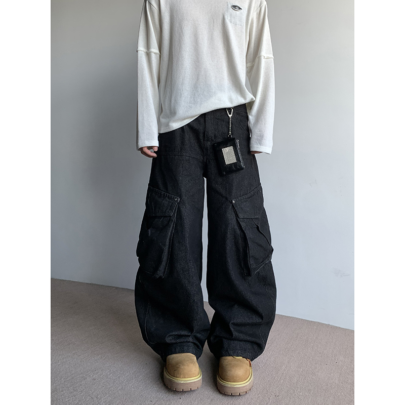 PLTH*美式复古设计感立体弯刀大口袋牛仔裤原牛重工阔腿工装裤男