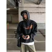 PLTH水洗做旧数码 直喷原创印花火焰印花重磅宽松秋冬加绒连帽卫衣