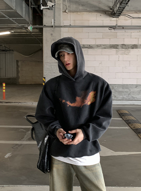 PLTH水洗做旧数码直喷原创印花火焰印花重磅宽松秋冬加绒连帽卫衣