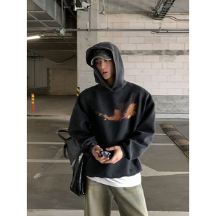 PLTH水洗做旧数码 直喷原创印花火焰印花重磅宽松秋冬加绒连帽卫衣