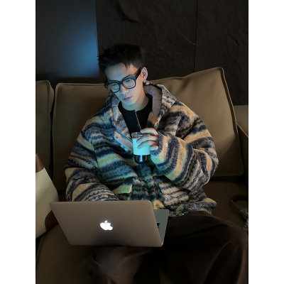 PLTH*美式复古费尔岛撞色条纹棉服男女冬季加厚羊羔毛连帽外套潮