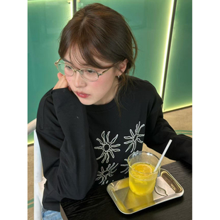 慵懒风宽松上衣潮 大码 胖mm美式 复古黑色太阳花印花长袖 T恤女秋季