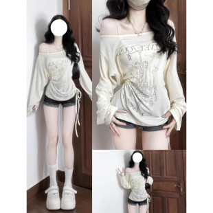 T恤女夏季 防晒罩衫 慵懒风宽松显瘦上衣 胖mm纯欲辣妹斜肩长袖 大码