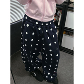 大码 女秋冬宽松垂感休闲拖地裤 胖mm美式 复古波点满印抽绳阔腿卫裤