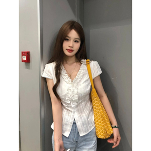 女夏季 大码 衬衫 复古荷叶边蕾丝短袖 高级感收腰显瘦短上衣 胖mm法式