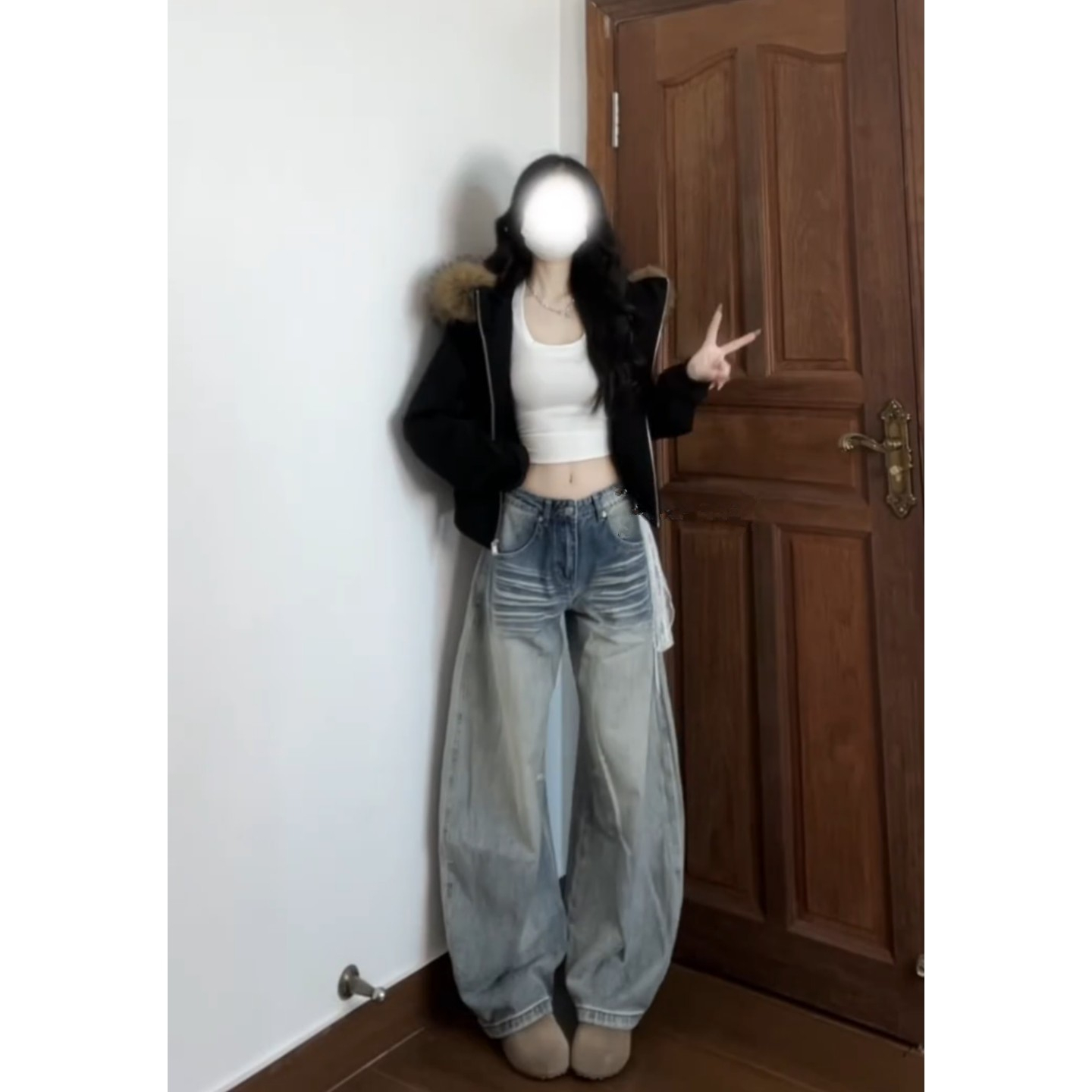 大码美式复古浅色刺绣弯刀牛仔裤