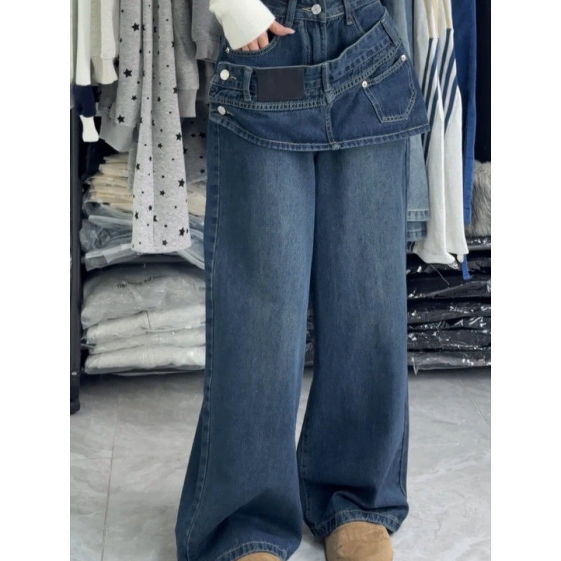大码胖mm美式复古假两件屁帘阔腿牛仔裤女秋冬设计感宽松拖地裤潮,女装/女士精品,大码裤装,淘宝优惠券,粉丝福利购,淘宝优惠卷