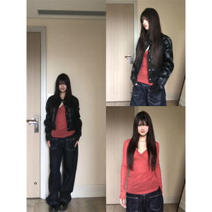 胖mm美式 辣妹小众修身 性感复古v领长袖 新款 百搭上衣 t恤女春季 大码