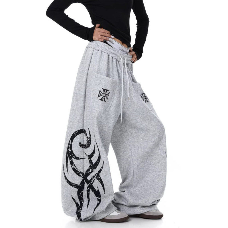 大码胖mm美式高街图腾印花运动卫裤女春季新款宽松慵懒阔腿拖地裤,女装/女士精品,大码裤装,淘宝优惠券,粉丝福利购,淘宝优惠卷