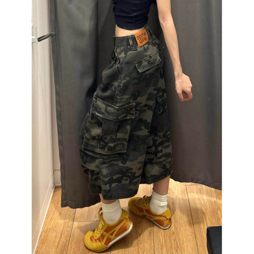 大码街头大口袋迷彩七分牛仔裤女