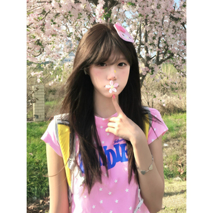 休闲修身 大码 t恤女夏季 复古粉色星星满印短袖 百搭ins上衣 胖mm美式