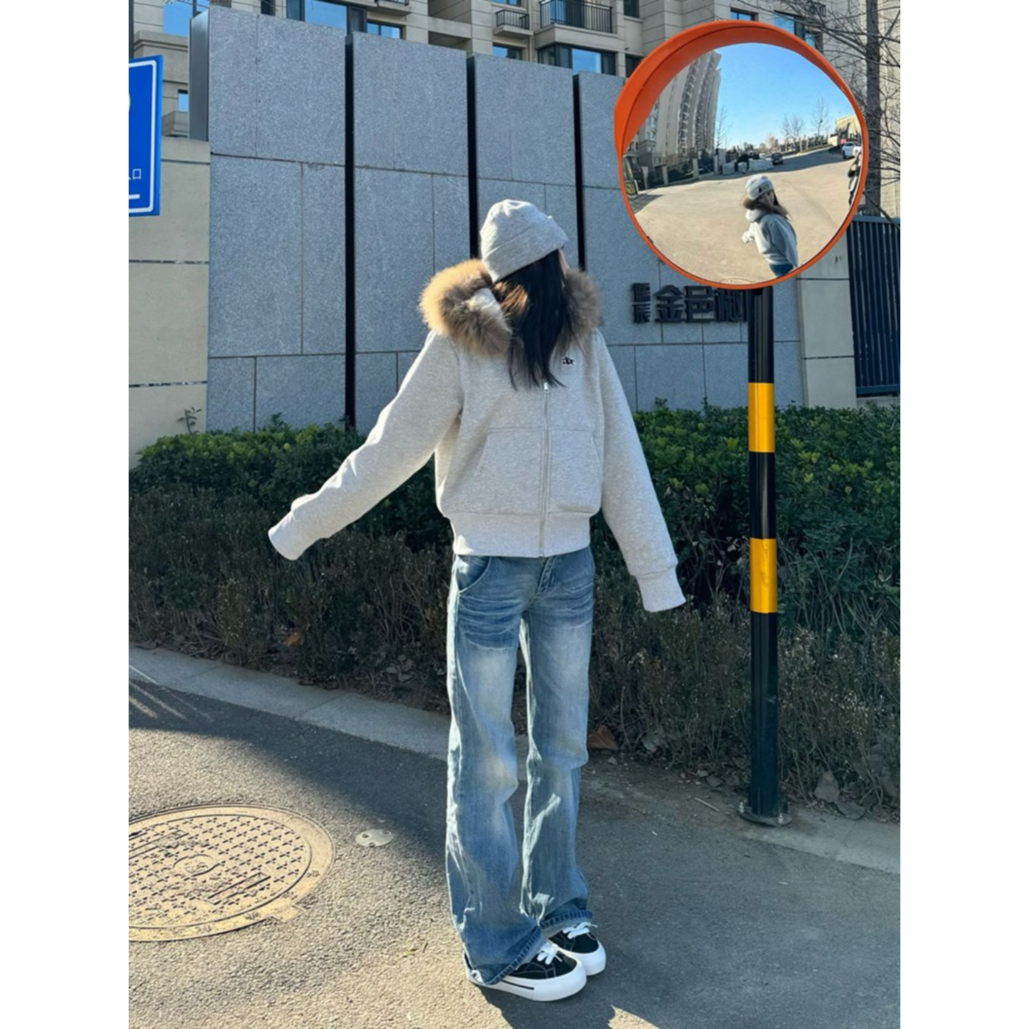 大码美式高街蓝色直筒牛仔裤女