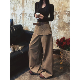 辣妹假两件微喇牛仔裤 大码 女秋冬新款 复古卡其色屁帘裙裤 胖mm美式