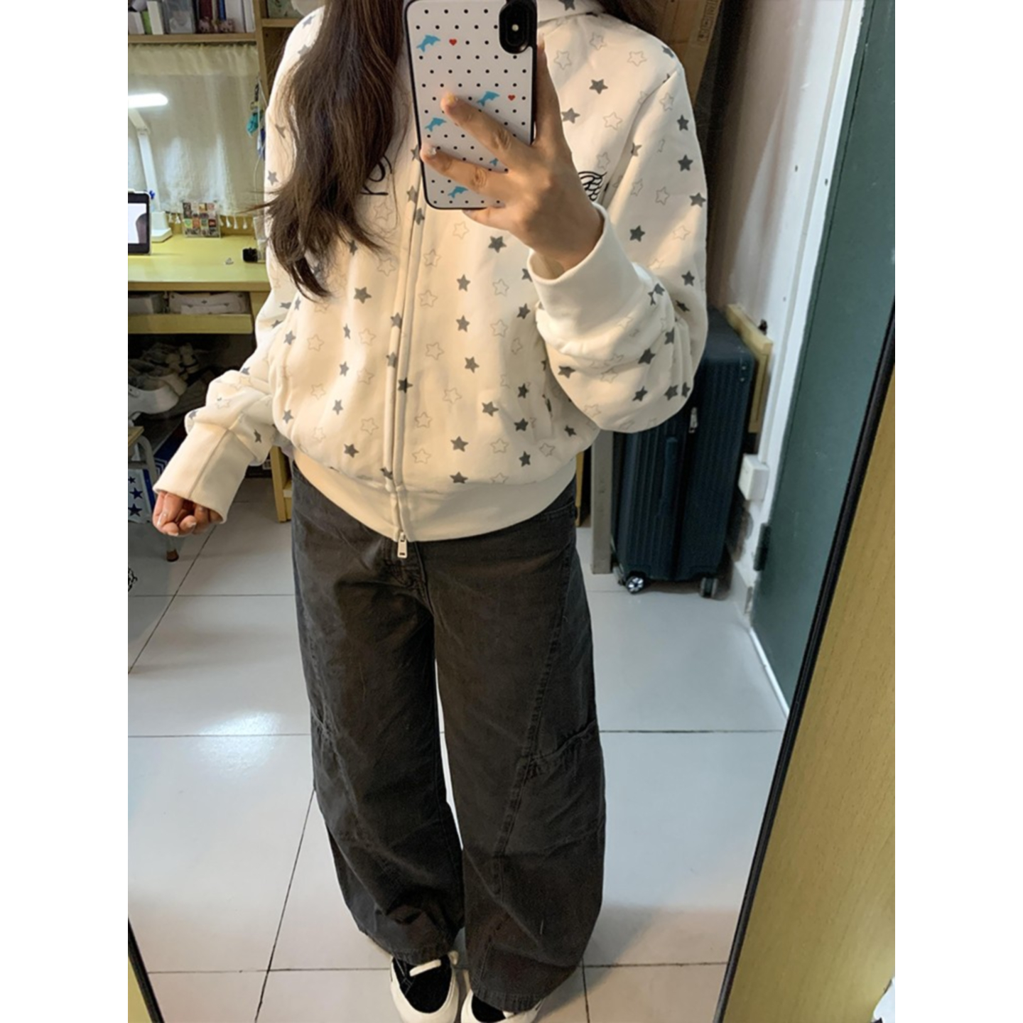 大码美式复古星星满印连帽卫衣女