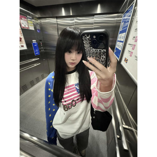 大码美式旗帜印花圆领长袖t恤女