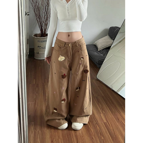 大码美拉德卡其色刺绣直筒牛仔裤