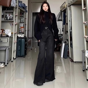 高腰显瘦毛边大喇叭裤 大码 新款 胖mm黑色宽松阔腿牛仔裤 子 女秋冬季