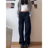 大码 子 女秋冬设计感显瘦阔腿拖地裤 胖mm深蓝色窄版 低腰直筒牛仔裤