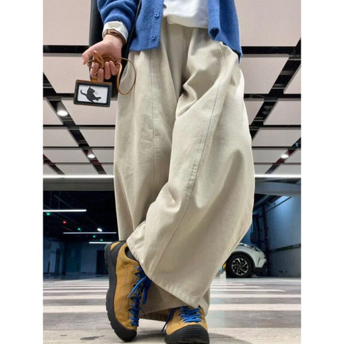 大码美式复古米白色高腰弯刀裤女