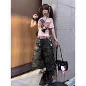 多口袋宽松阔腿七分中裤 大码 子 牛仔裤 女夏季 胖mm美式 复古迷彩工装