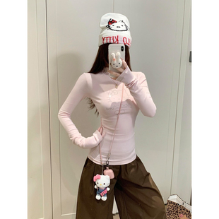 大码胖mm美式甜辣kt猫烫钻半高领长袖t恤女秋季修身显瘦百搭上衣