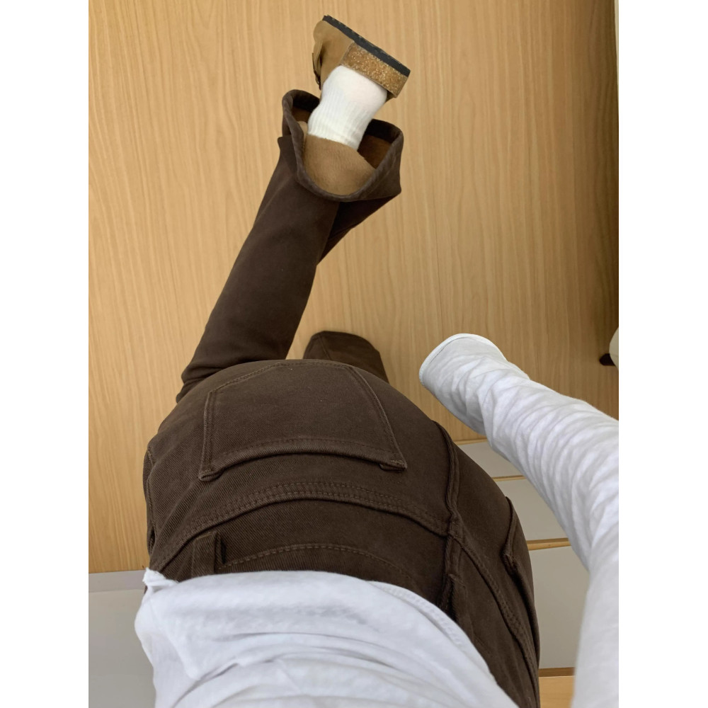 大码咖啡色加绒微喇叭牛仔裤女