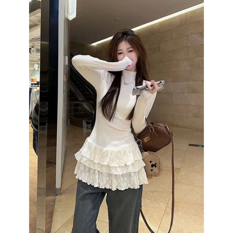 大码韩系高级感蕾丝花边长袖t恤