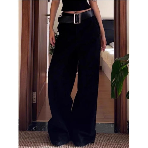 大码高街黑色宽松阔腿牛仔裤女