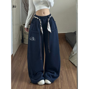 大码胖mm美式复古丝巾腰带弯刀阔腿裤女春季新款宽松百搭休闲卫裤