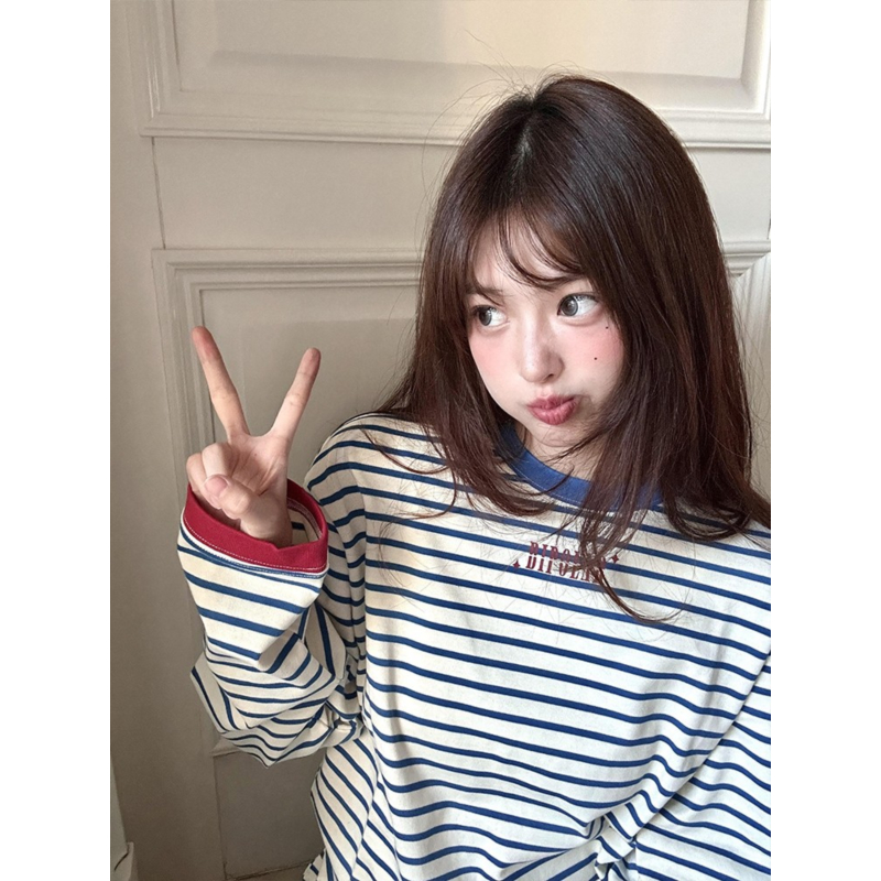 大码美式复古条纹撞色长袖t恤女