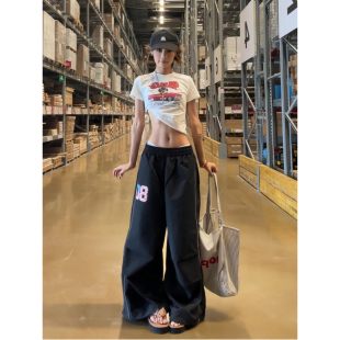 宽松垂感阔腿拖地裤 大码 女夏季 街头设计感字母印花休闲裤 胖mm美式