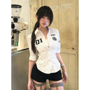 女夏季 大码 衬衫 纯欲条纹polo领短袖 辣妹收腰紧身减龄上衣 胖mm美式