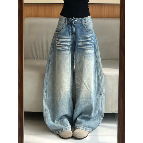 大码美式街头浅色弯刀牛仔裤女