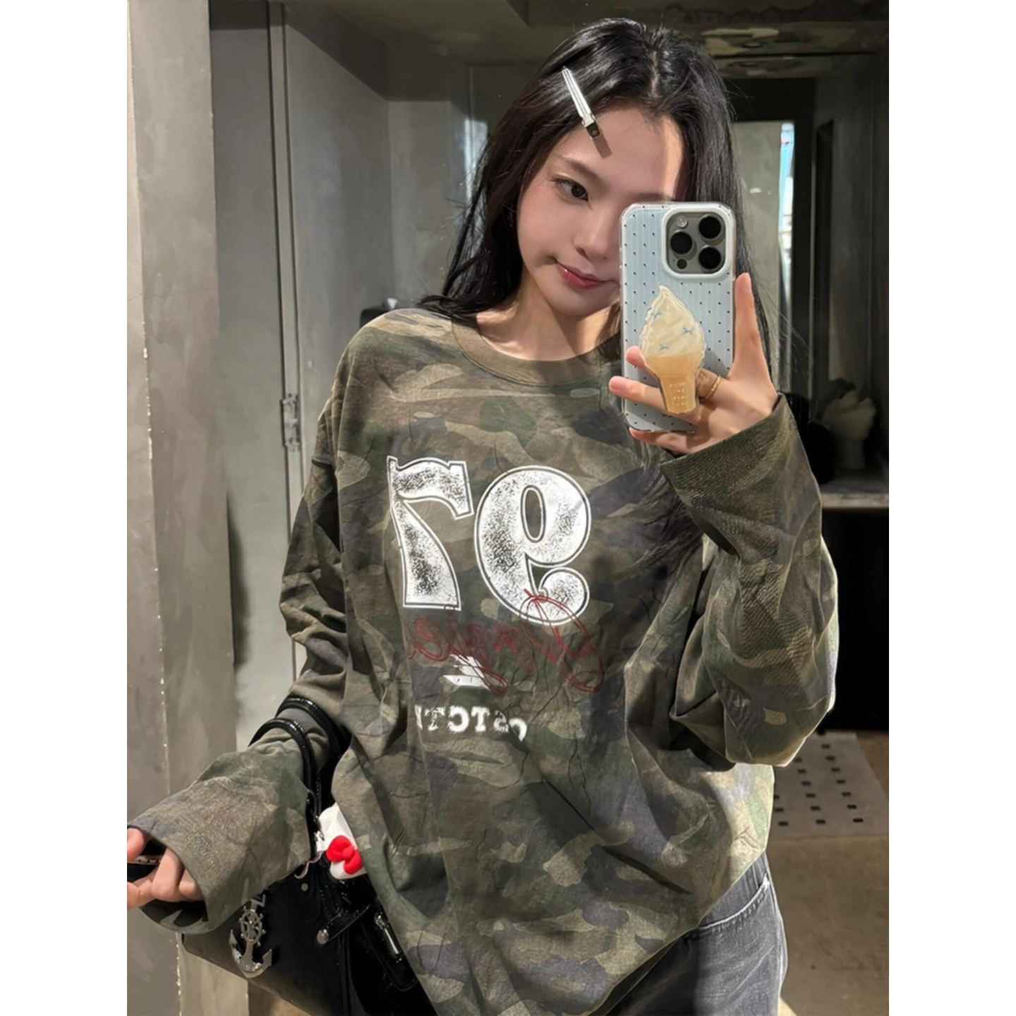 大码美式复古迷彩印花长袖t恤女