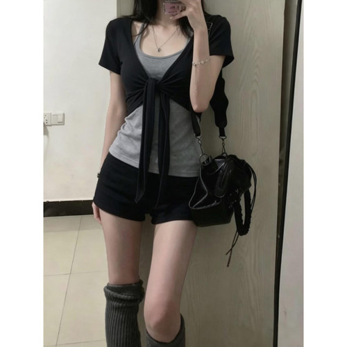 设计感绑带短袖开衫背心两件套女