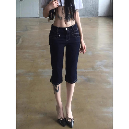 大码设计感水洗七分牛仔裤女修身
