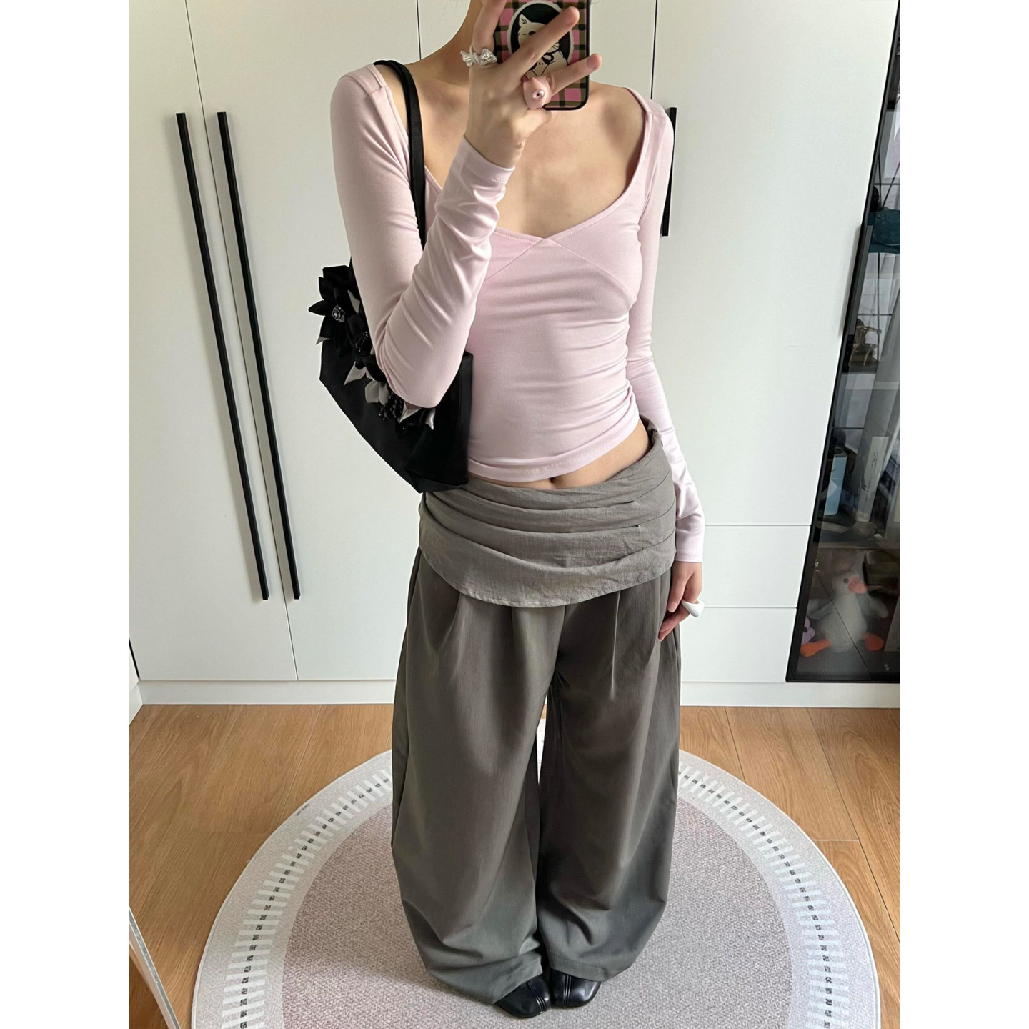 大码美式复古假皱弯刀屁帘休闲裤