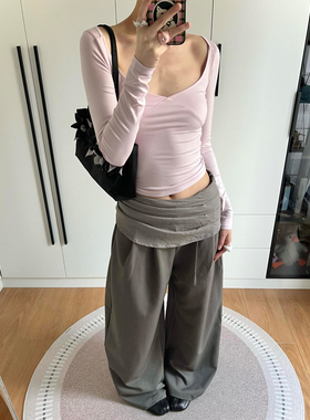 大码胖mm美式复古假两件褶皱弯刀休闲裤女秋冬直筒阔腿屁帘拖地裤