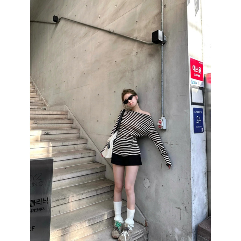 大码胖mm美式复古一字肩条纹长袖t恤女秋季辣妹修身显瘦斜肩上衣,女装/女士精品,大码内搭,淘宝优惠券,粉丝福利购,淘宝优惠卷