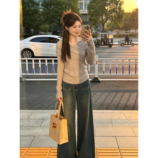 高级感修身 t恤女春季 显瘦别致上衣潮 胖mm韩系复古交叉v领长袖 大码