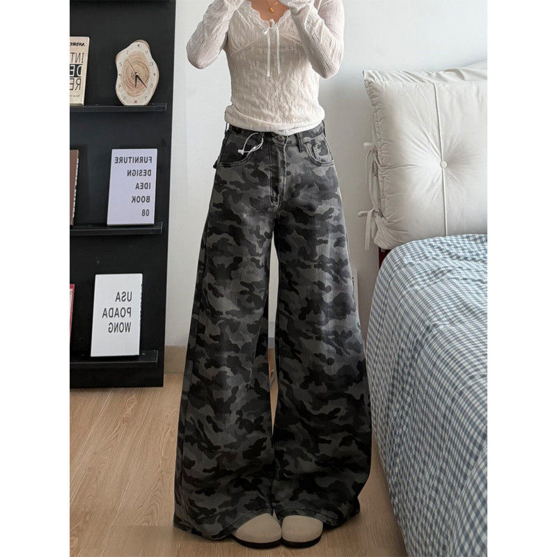 大码胖mm美式复古高腰迷彩牛仔裤女春季设计感宽松垂感阔腿拖地裤,女装/女士精品,大码裤装,淘宝优惠券,粉丝福利购,淘宝优惠卷