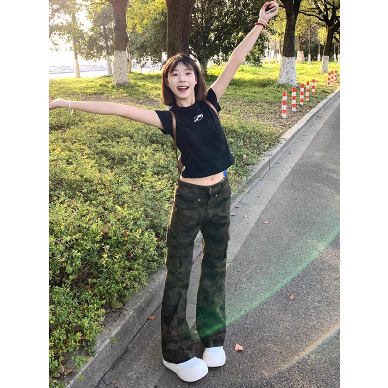大码美式复古迷彩工装牛仔裤女