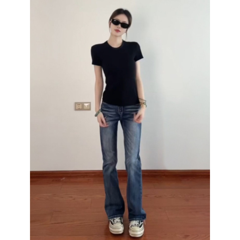 大码胖mm美式辣妹低腰微喇牛仔裤