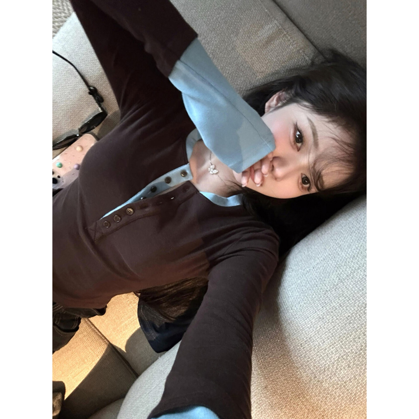 大码韩系拼色亨利领假两件长袖女