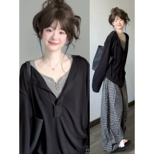 大码美式慵懒复古v领长袖t恤女