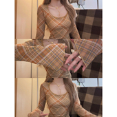 大码 百搭上衣 辣妹慵懒修身 胖mm美拉德复古格纹网纱长袖 t恤女秋季