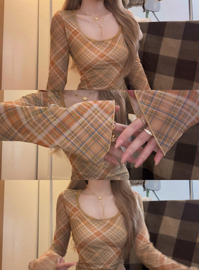 大码胖mm美拉德复古格纹网纱长袖t恤女秋季辣妹慵懒修身百搭上衣