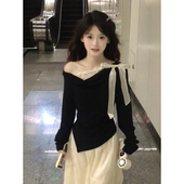 T恤女早秋小众百搭修身 大码 胖mm韩系纯欲风蕾丝荡领斜肩长袖 上衣